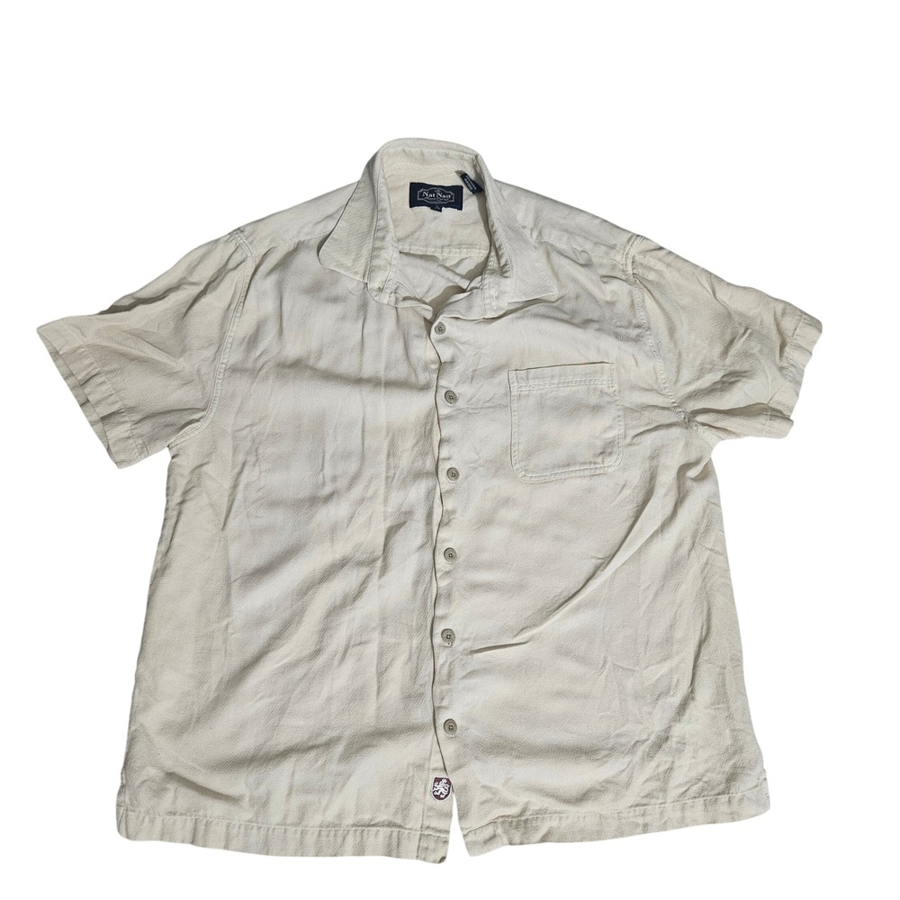 Nat Nast Luxury Original Mens Large Silk Cotton Herringbone Camp Shirt Ivory